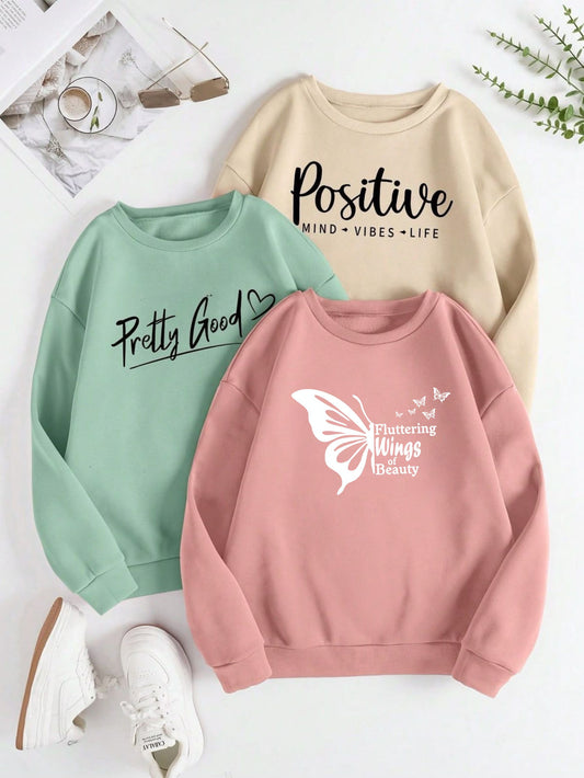 Women’s Sweatshirt Combo Pack of 3 – Positive Vibes Printed Winter Wear